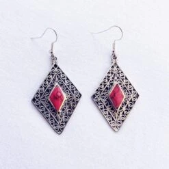 Diamond Tribal Earrings - Red Stone