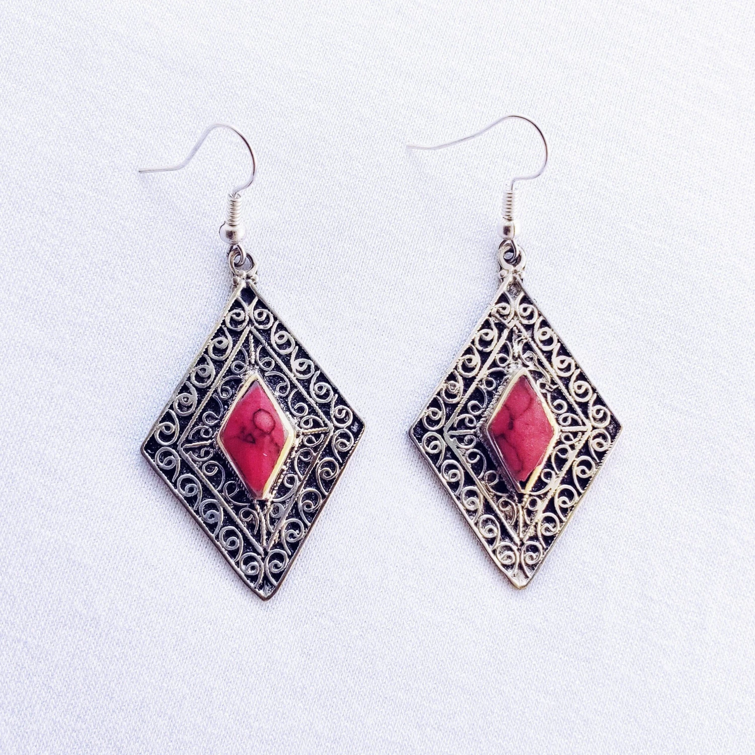 Diamond Tribal Earrings - Red Stone 1 Diamond Tribal Earrings - Red Stone
