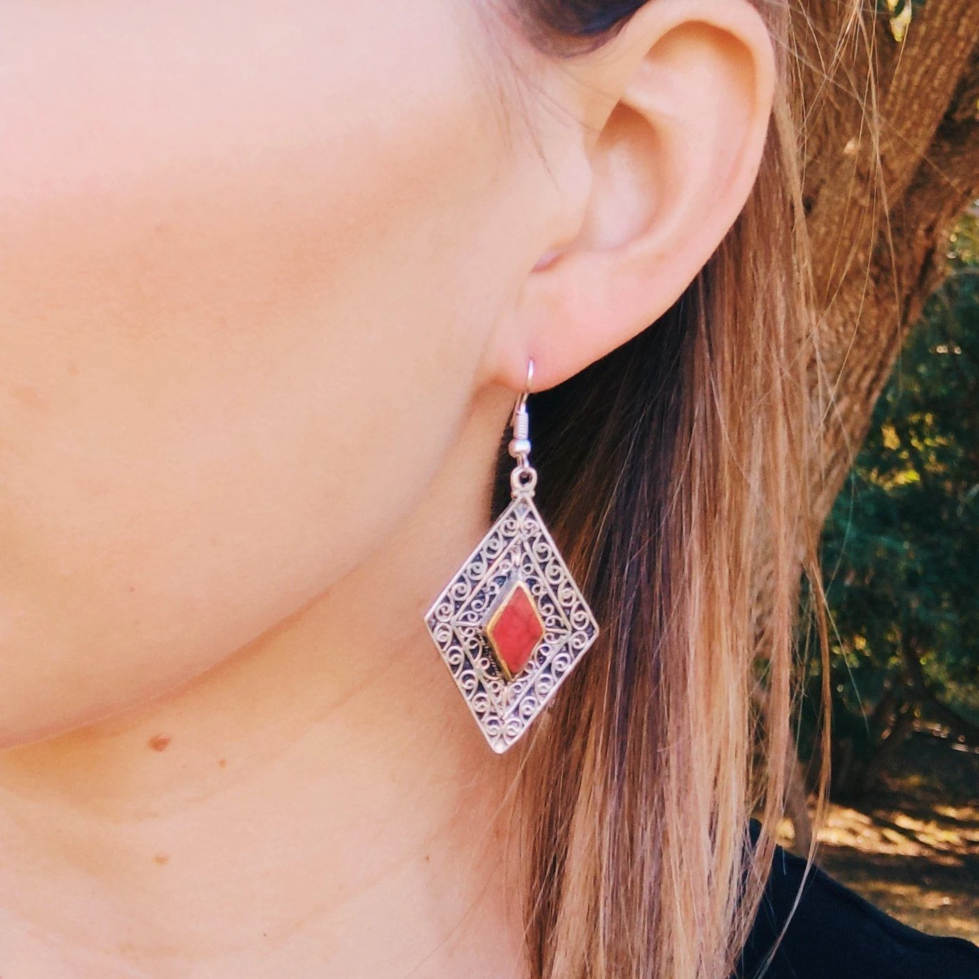 Diamond Tribal Earrings - Red Stone 2 Diamond Tribal Earrings - Red Stone - Image 2