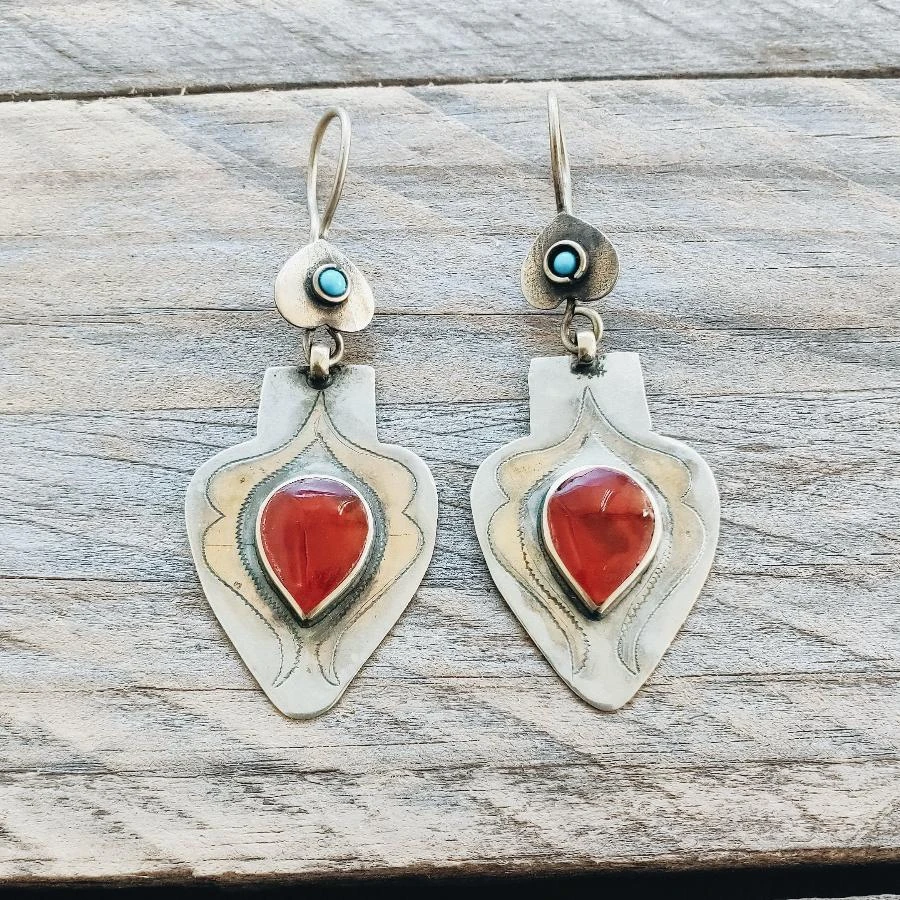 Gold Gilded Turkmen Teke Earrings - Carnelian