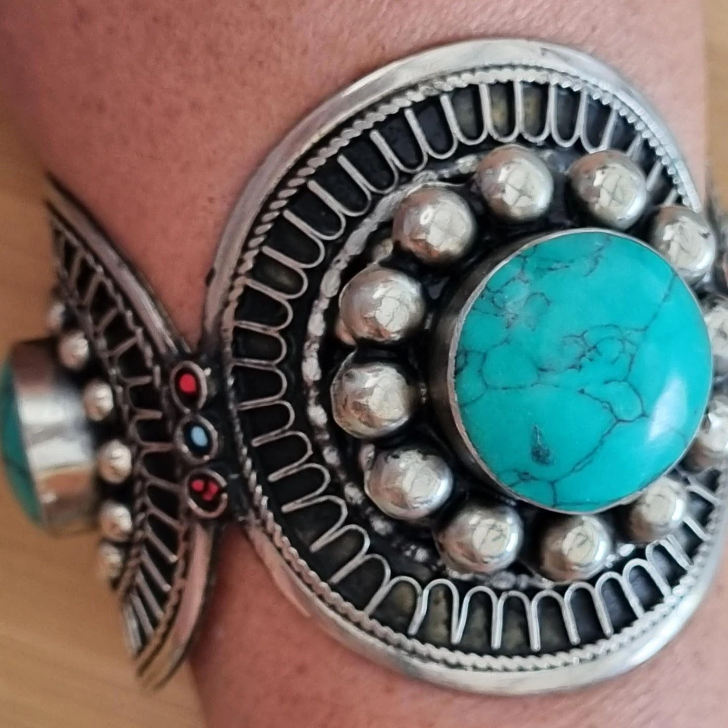 Patterned Tribal Boho Cuff Bracelet - Green Stone 4 Patterned Tribal Boho Cuff Bracelet - Green Stone - Image 4