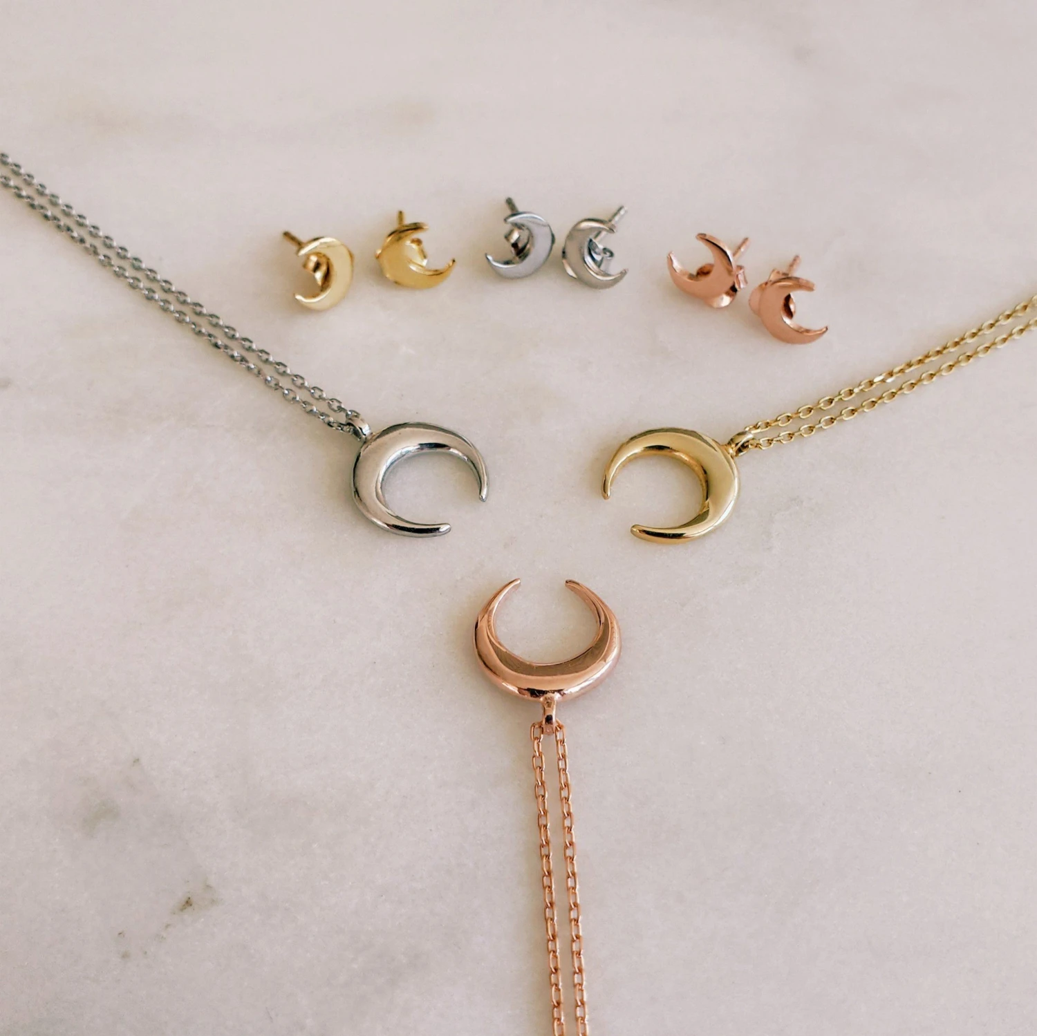 Crescent Moon Stud Earrings - Sterling Silver Rose Gold Plated 4 Crescent Moon Stud Earrings - Sterling Silver Rose Gold Plated - Image 4