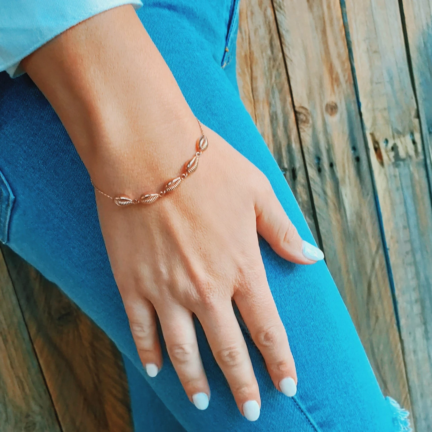 Rose Gold Cowrie Shell Boho Bracelet - Sterling Silver 2 Rose Gold Cowrie Shell Boho Bracelet - Sterling Silver - Image 2