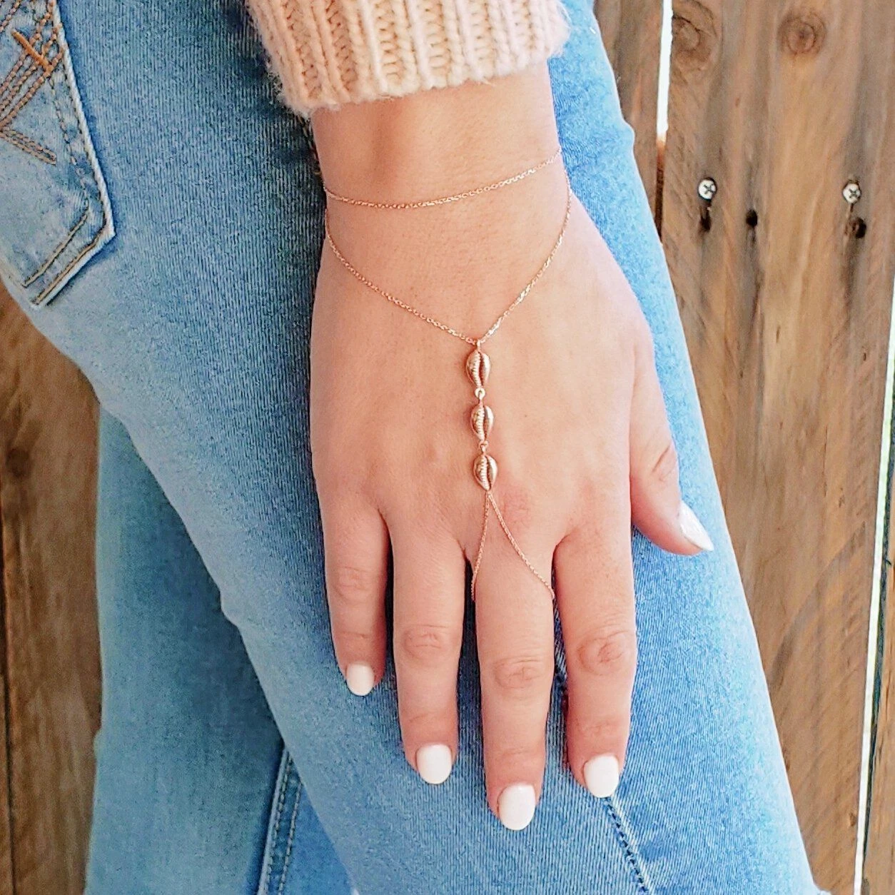 Rose Gold Cowrie Shell Slave Boho Bracelet - Sterling Silver 1 Rose Gold Cowrie Shell Slave Boho Bracelet - Sterling Silver